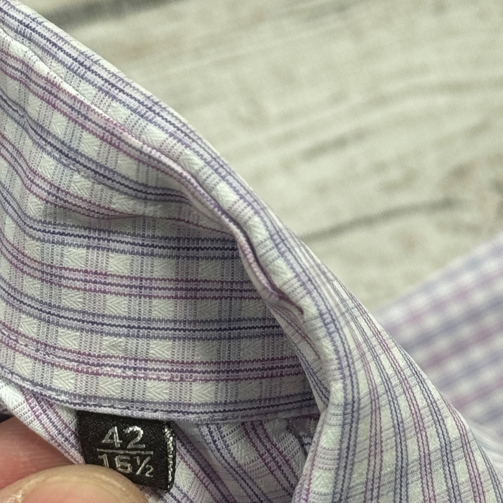 Canali Dress Shirt Men's 42/16.5 Purple White Micro Check French Cuff Italy Made - Picture 7 of 7